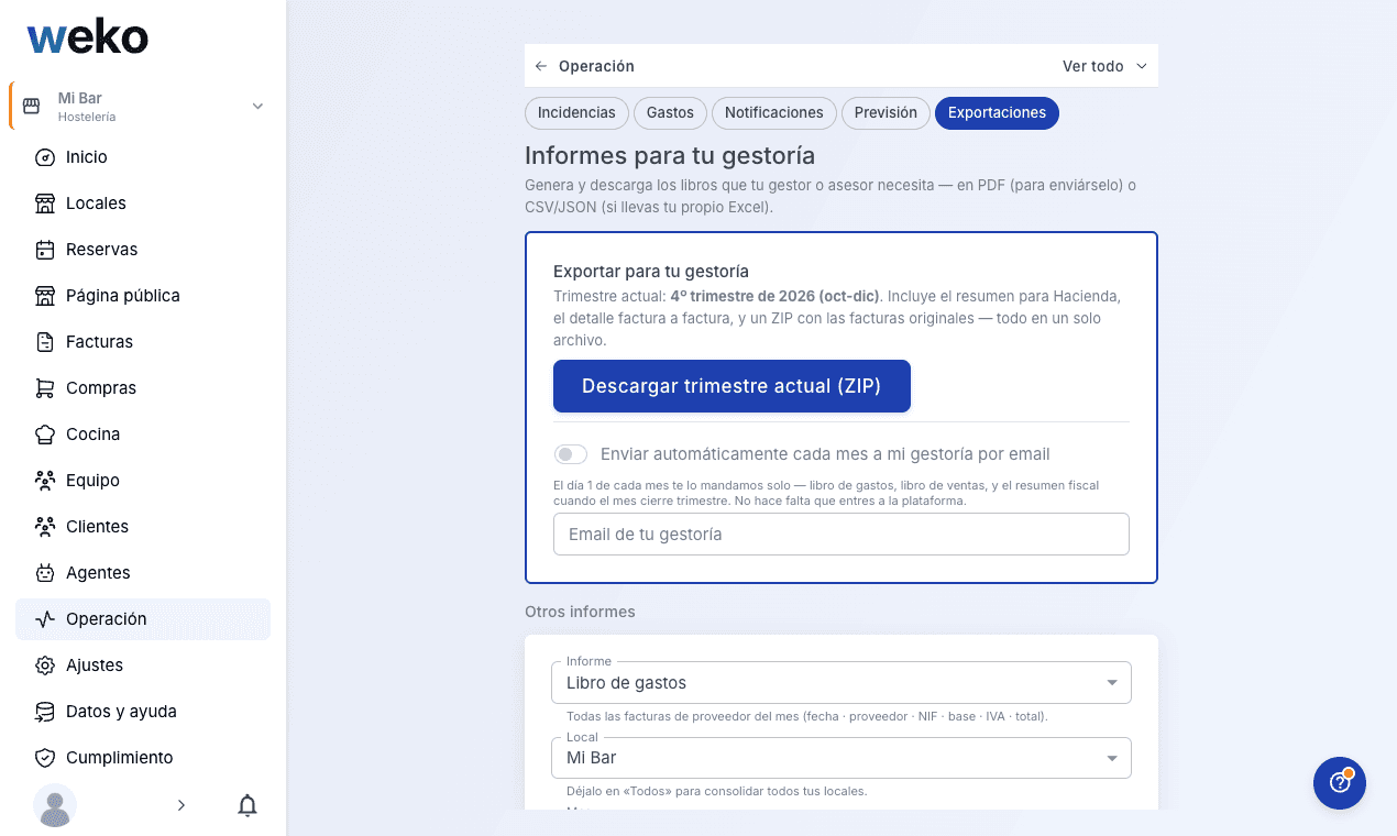Panel de Weko: pantalla de informes para la gestoría, con el botón de descarga del trimestre.